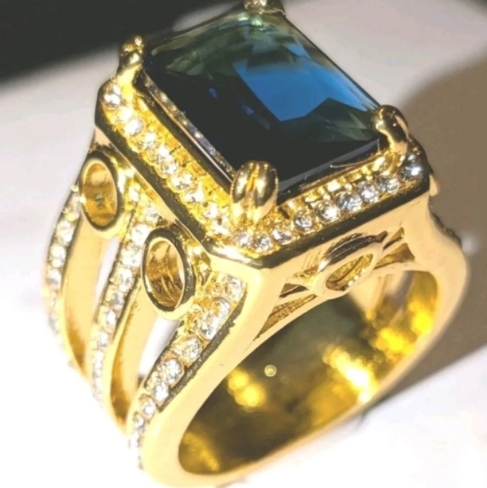 8ct Emerald Lab Created Blue Sapphire Mens Wedding Ring 14k Yellow Gold Plated11